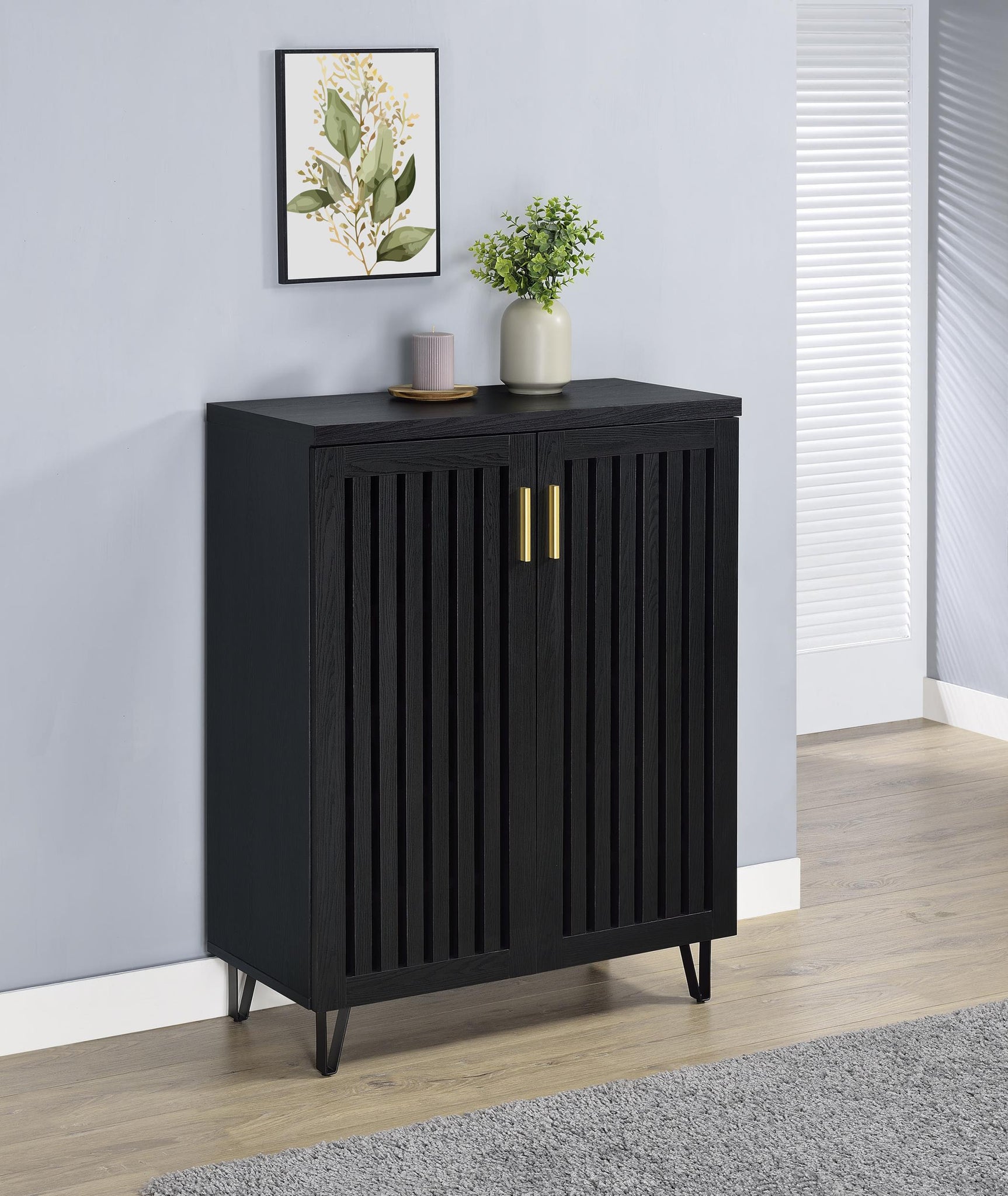 Brixton shoe cabinet side view showing metal legs