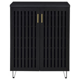 Close-up of vertical slatted cabinet doors