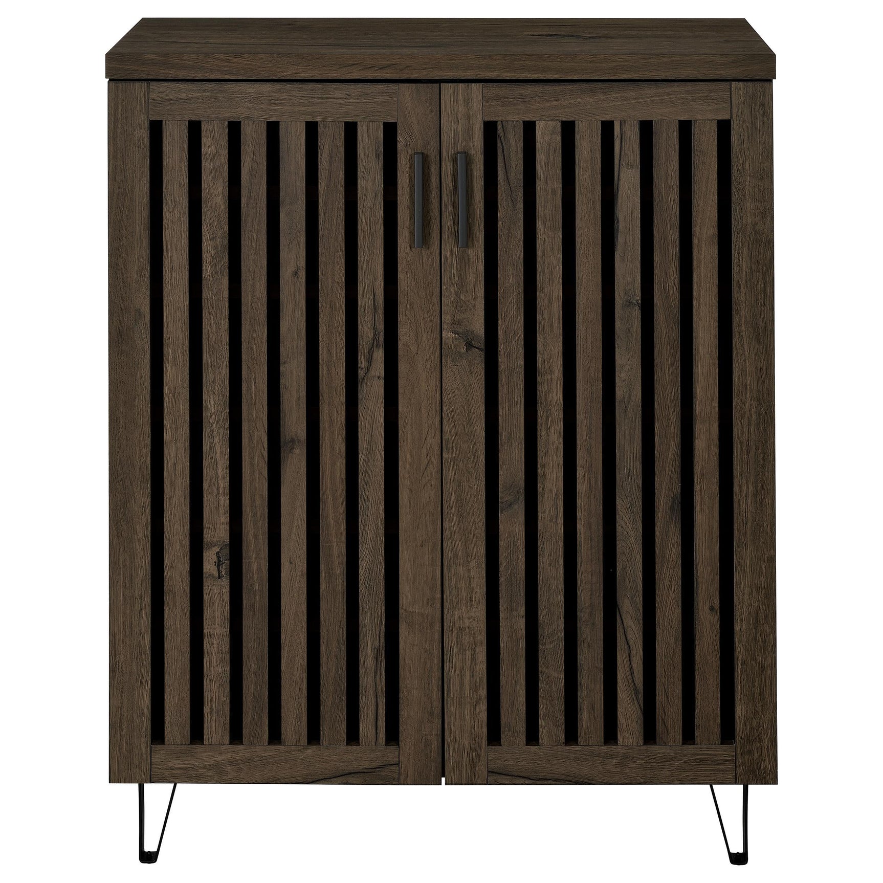 Close-up of smoked oak finish and door detail on shoe cabinet