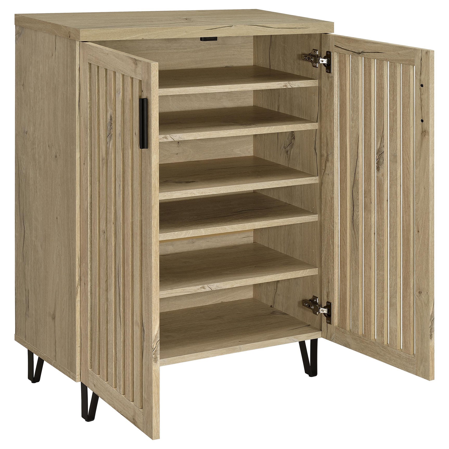 Side view of Brixton shoe storage cabinet with metal legs