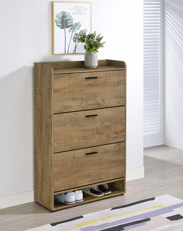 Side angle of Denia 3-tier shoe cabinet showing tilt-out storage