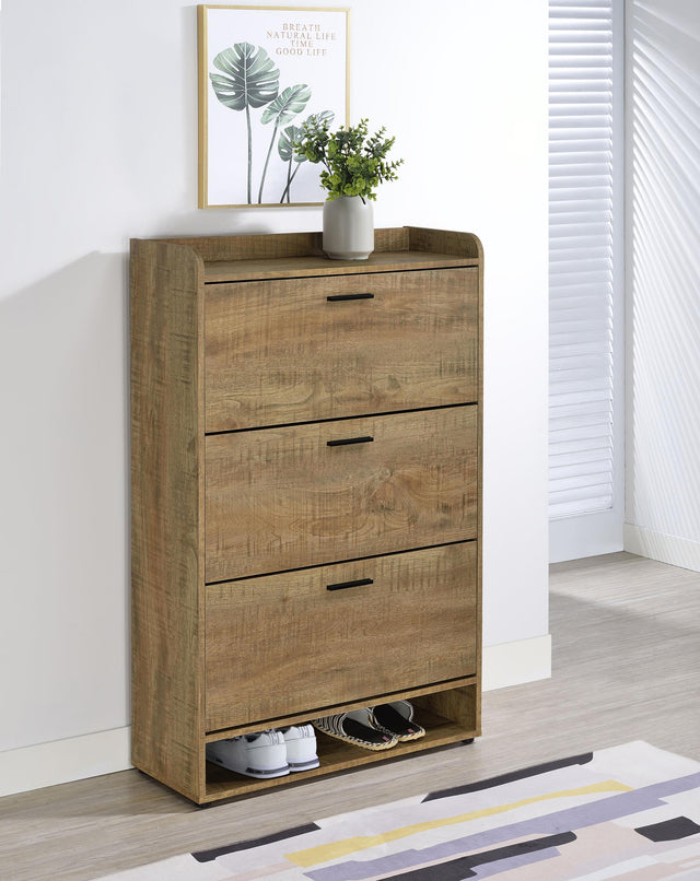 Side angle of Denia 3-tier shoe cabinet showing tilt-out storage