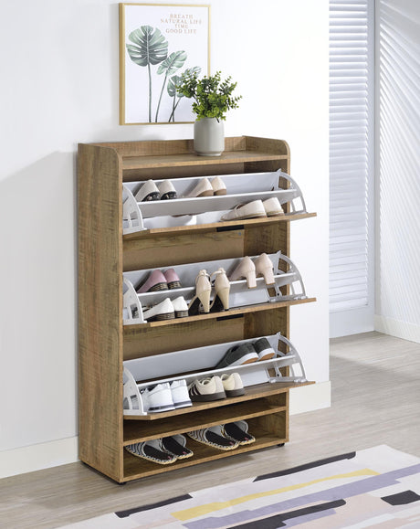 Tilt-out tier of Denia shoe cabinet open displaying shoe storage