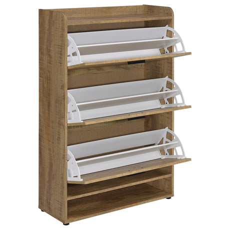 Close-up of mango finish laminate veneer on shoe cabinet