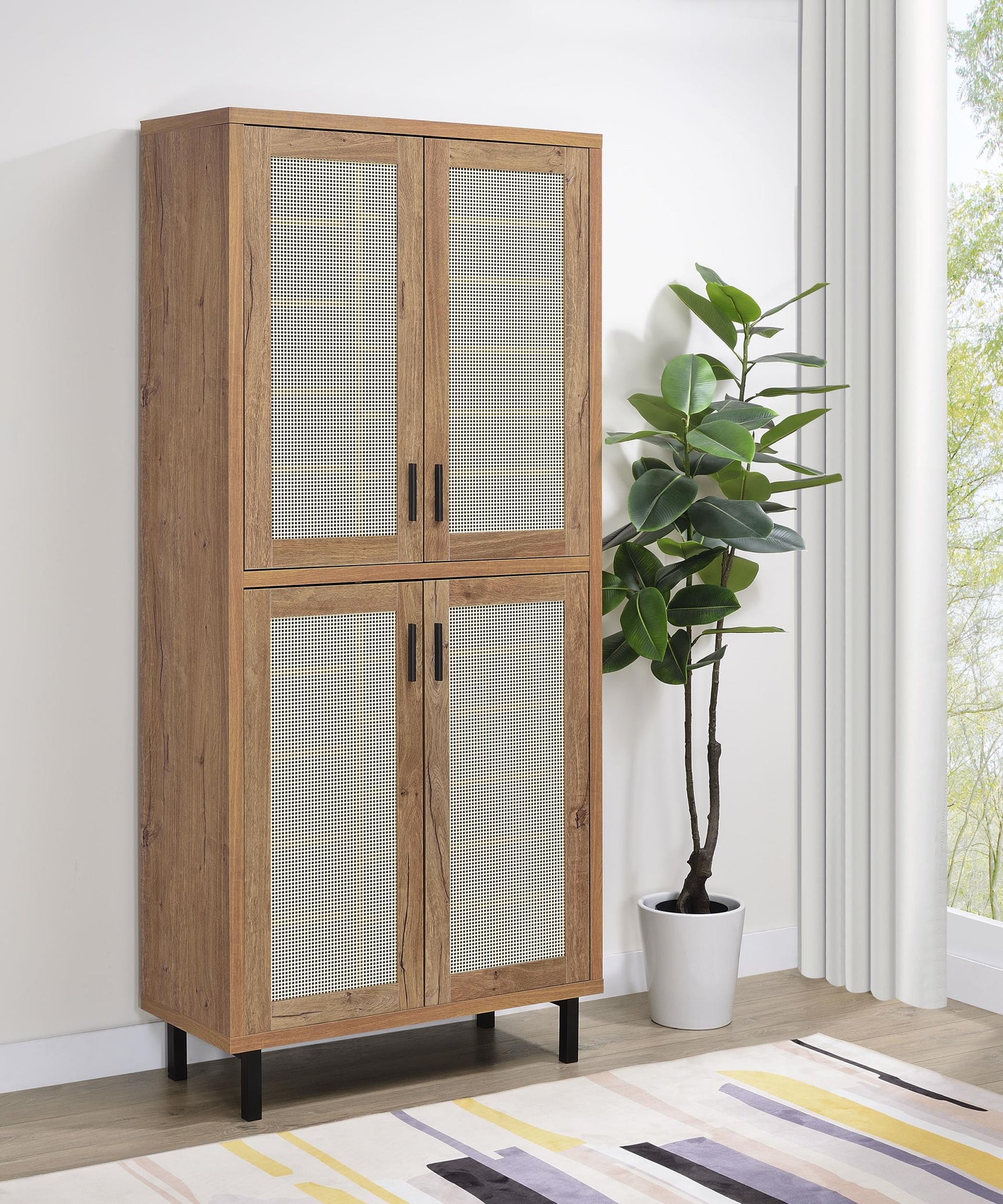 Side angle of Teller 80-inch shoe cabinet showing height and mesh doors