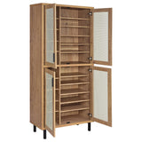 Close-up of mesh metal door detail on natural oak finish cabinet