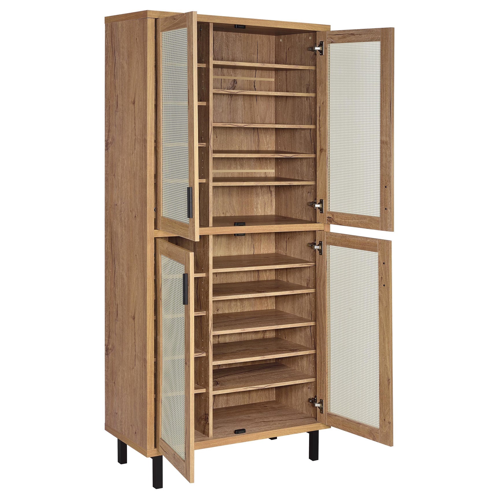 Close-up of mesh metal door detail on natural oak finish cabinet