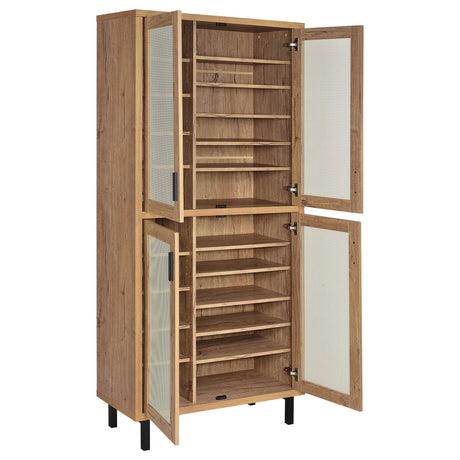 Close-up of mesh metal door detail on natural oak finish cabinet