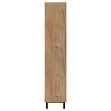 Black metal legs supporting the tall shoe cabinet