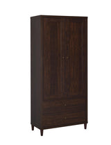 Wadeline 2-Door Tall Accent Cabinet Rustic Tobacco open doors showing shelves