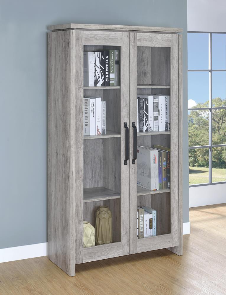 Alejo 2-Door Tall Curio Cabinet front view, grey driftwood finish