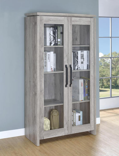 Alejo 2-Door Tall Curio Cabinet front view, grey driftwood finish