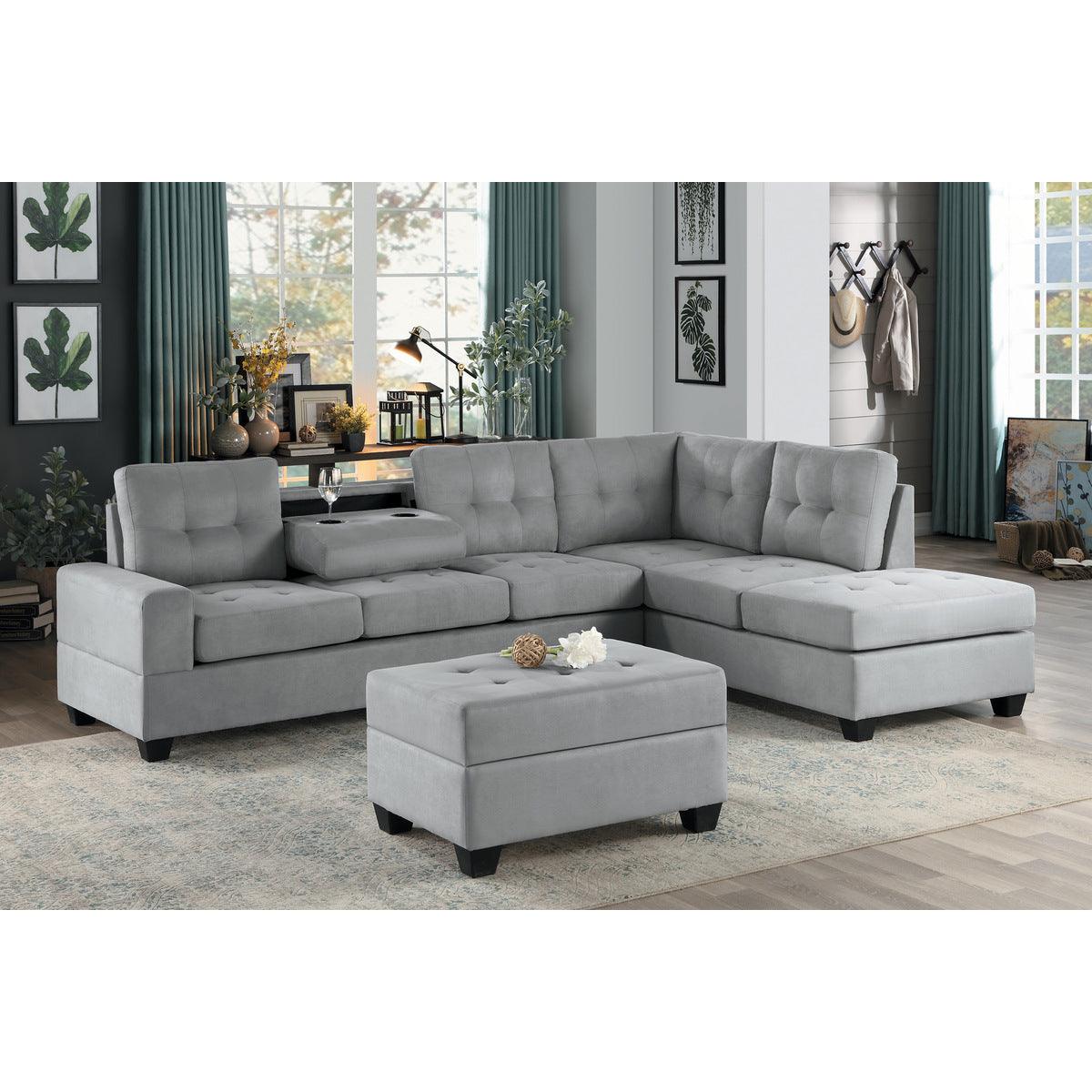 Side view of Maston Gray microfiber tufted storage ottoman
