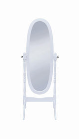 Side view of cheval mirror highlighting curved legs and swivel base