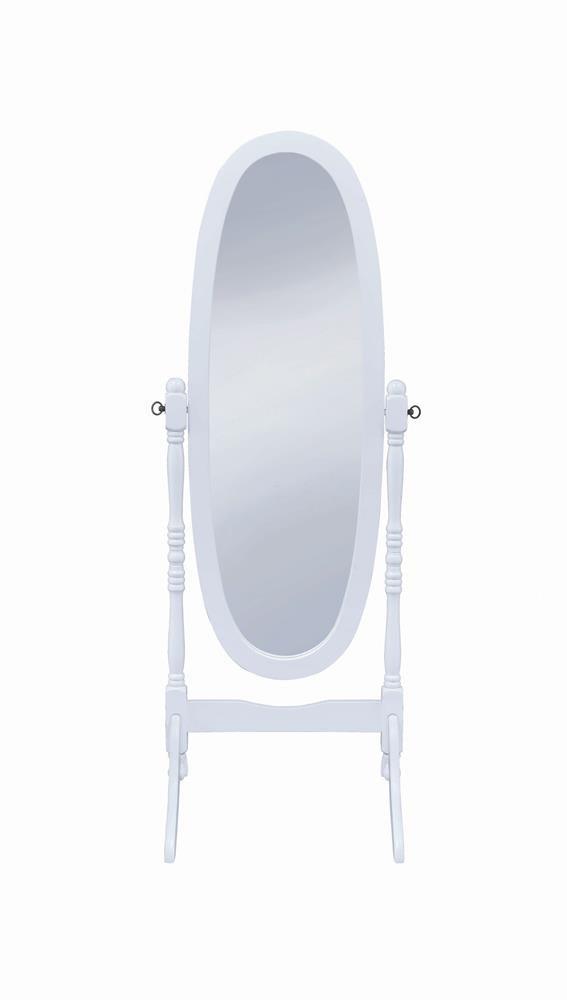 Side view of cheval mirror highlighting curved legs and swivel base