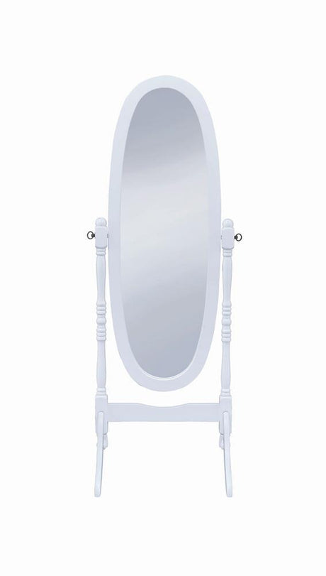 Side view of cheval mirror highlighting curved legs and swivel base
