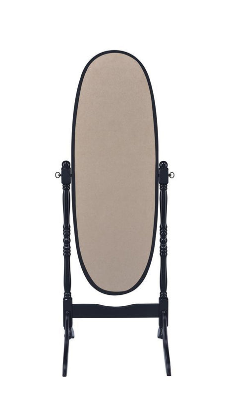 Black solid wood frame detail on Foyet Oval Cheval Mirror