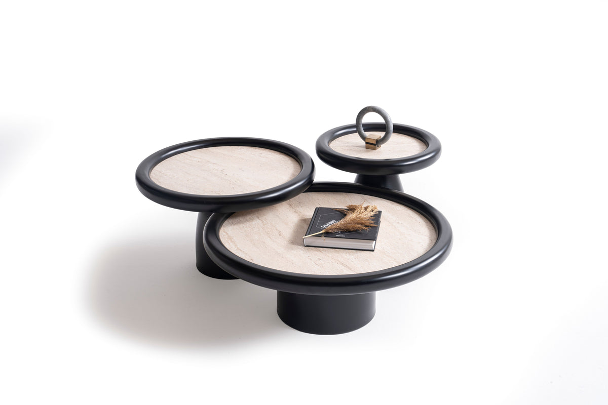 Romena Black Travertine small coffee table front perspective