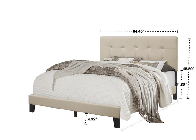 Nini fog upholstered platform king bed angled front view