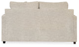 Back view of Soletren loveseat showing fabric and frame