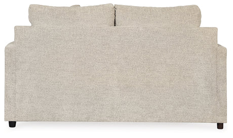 Back view of Soletren loveseat showing fabric and frame