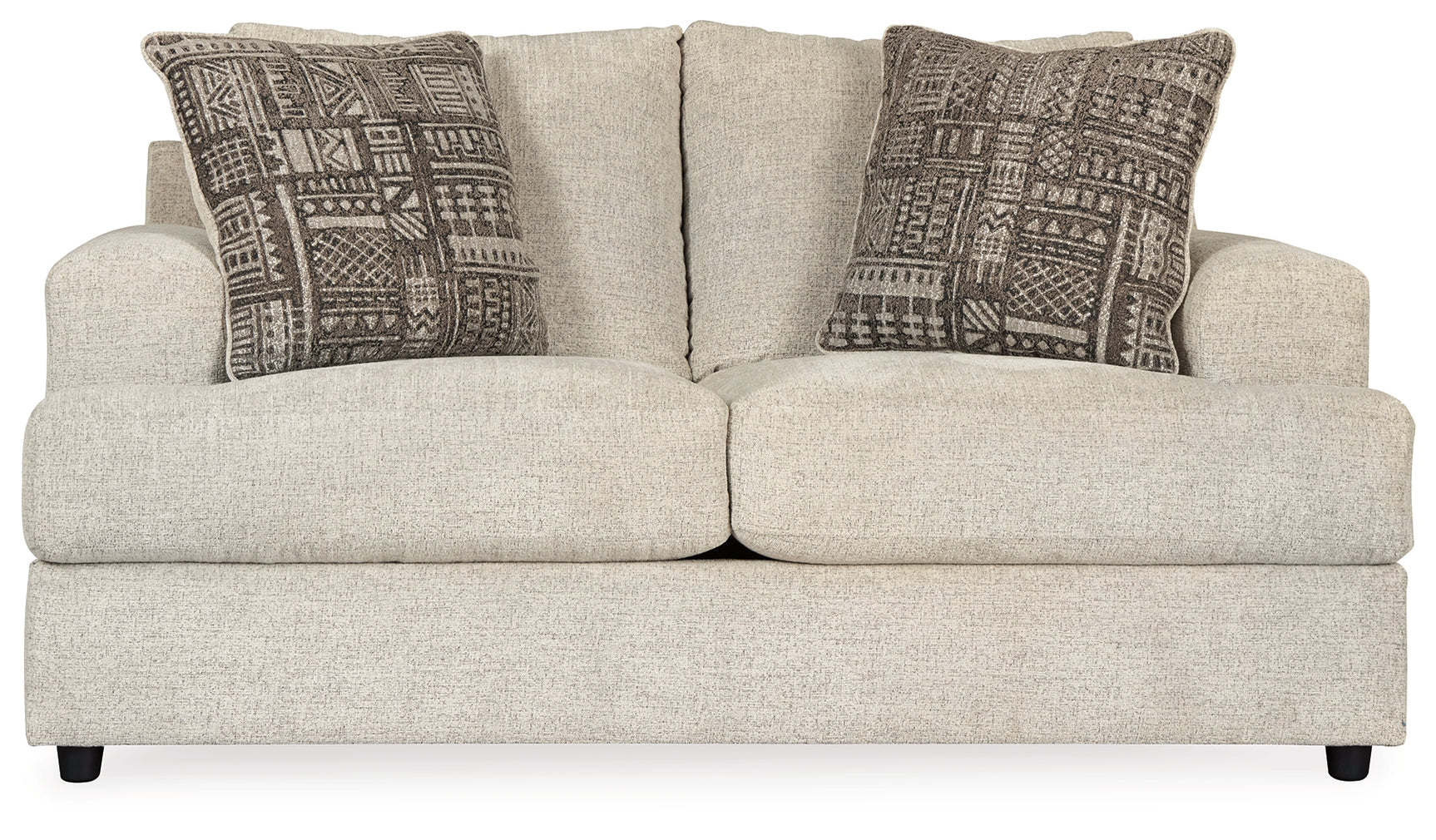 Head-on view of Soletren Stone Loveseat upholstery and seating
