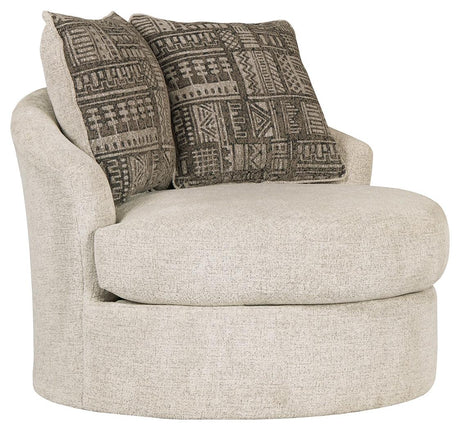 Side angle of Soletren Stone Chenille Swivel Accent Chair showing tufted back and rolled arms