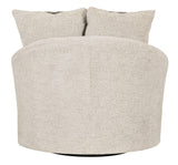 Back view of Soletren Stone Chenille Swivel Accent Chair showing fabric and frame