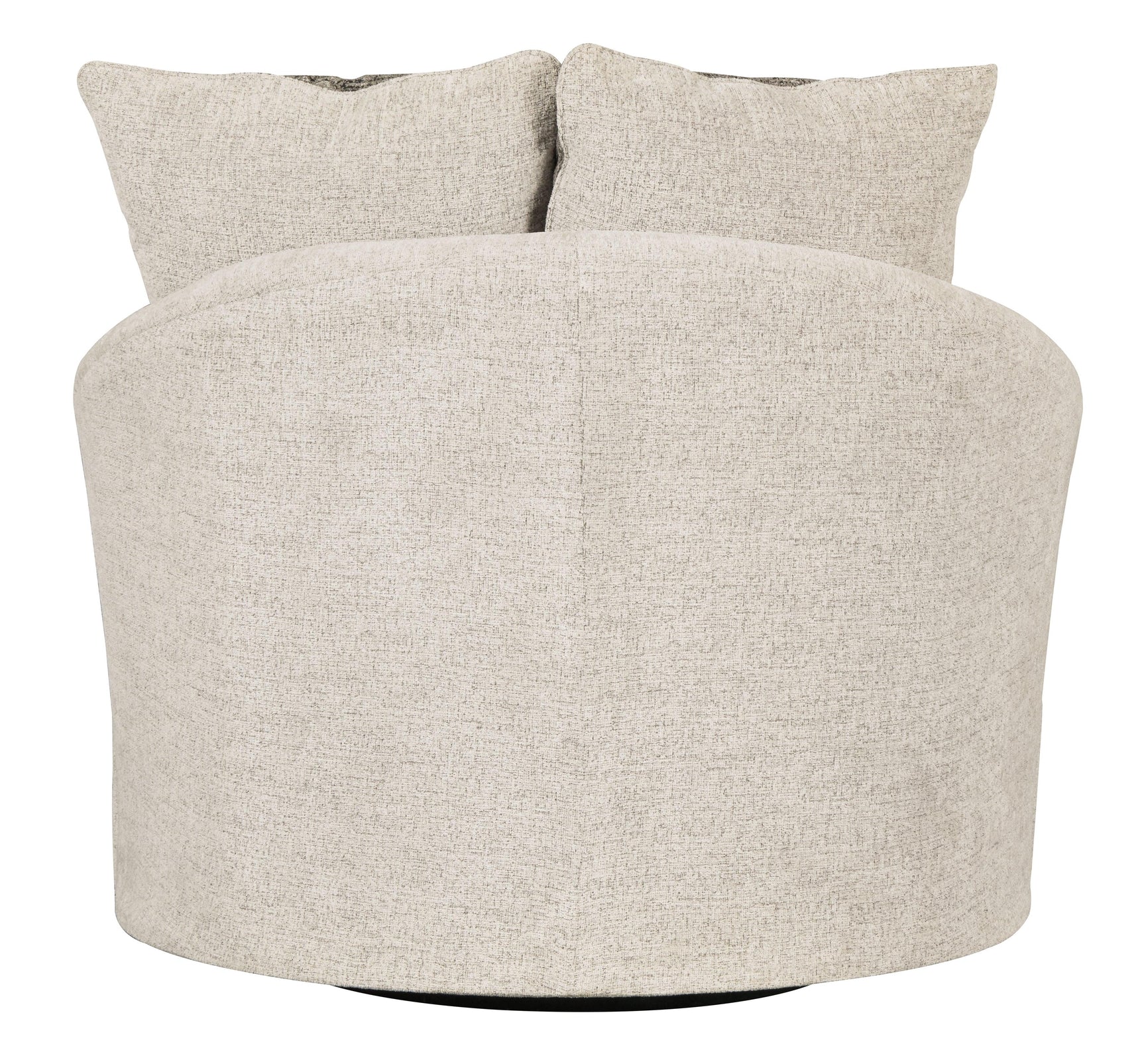 Back view of Soletren Stone Chenille Swivel Accent Chair showing fabric and frame