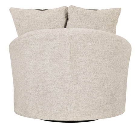 Back view of Soletren Stone Chenille Swivel Accent Chair showing fabric and frame
