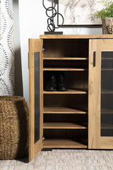Side angle of Bristol shoe cabinet in golden oak with metal mesh doors