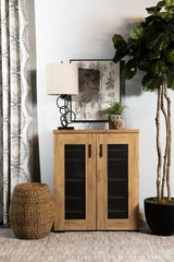 Bristol golden oak shoe cabinet with metal mesh doors front view