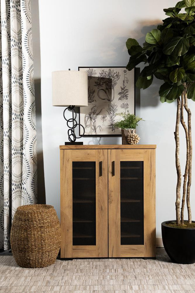 Bristol golden oak shoe cabinet with metal mesh doors front view