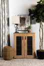 Bristol golden oak shoe cabinet with metal mesh doors front view