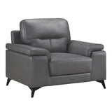 Side view of Mischa dark gray leather and faux leather accent chair