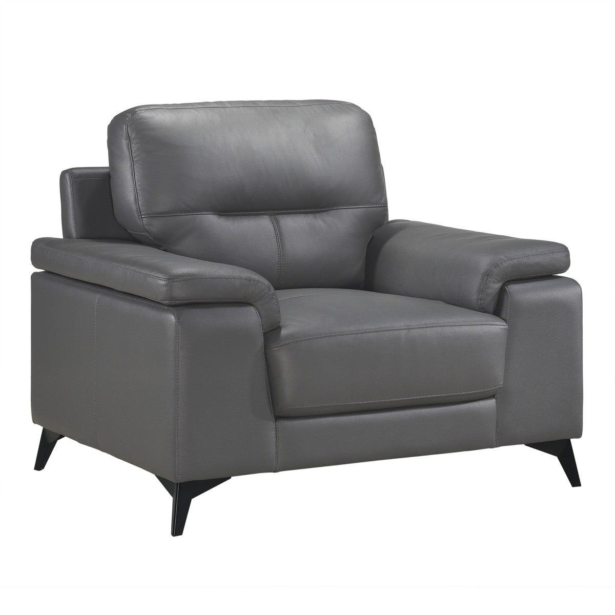Side view of Mischa dark gray leather and faux leather accent chair