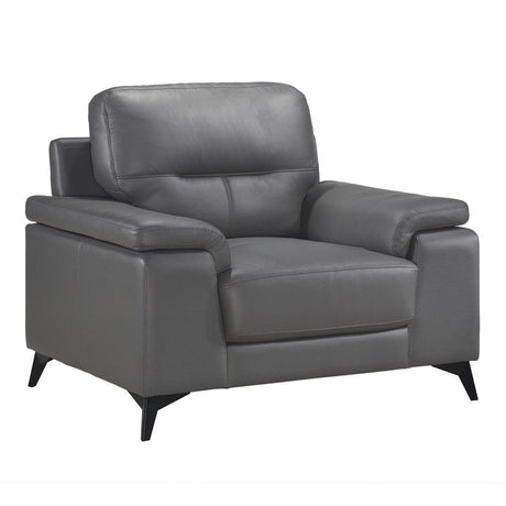 Side view of Mischa dark gray leather and faux leather accent chair