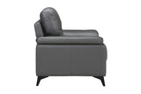 Side profile of loveseat showing leather finish