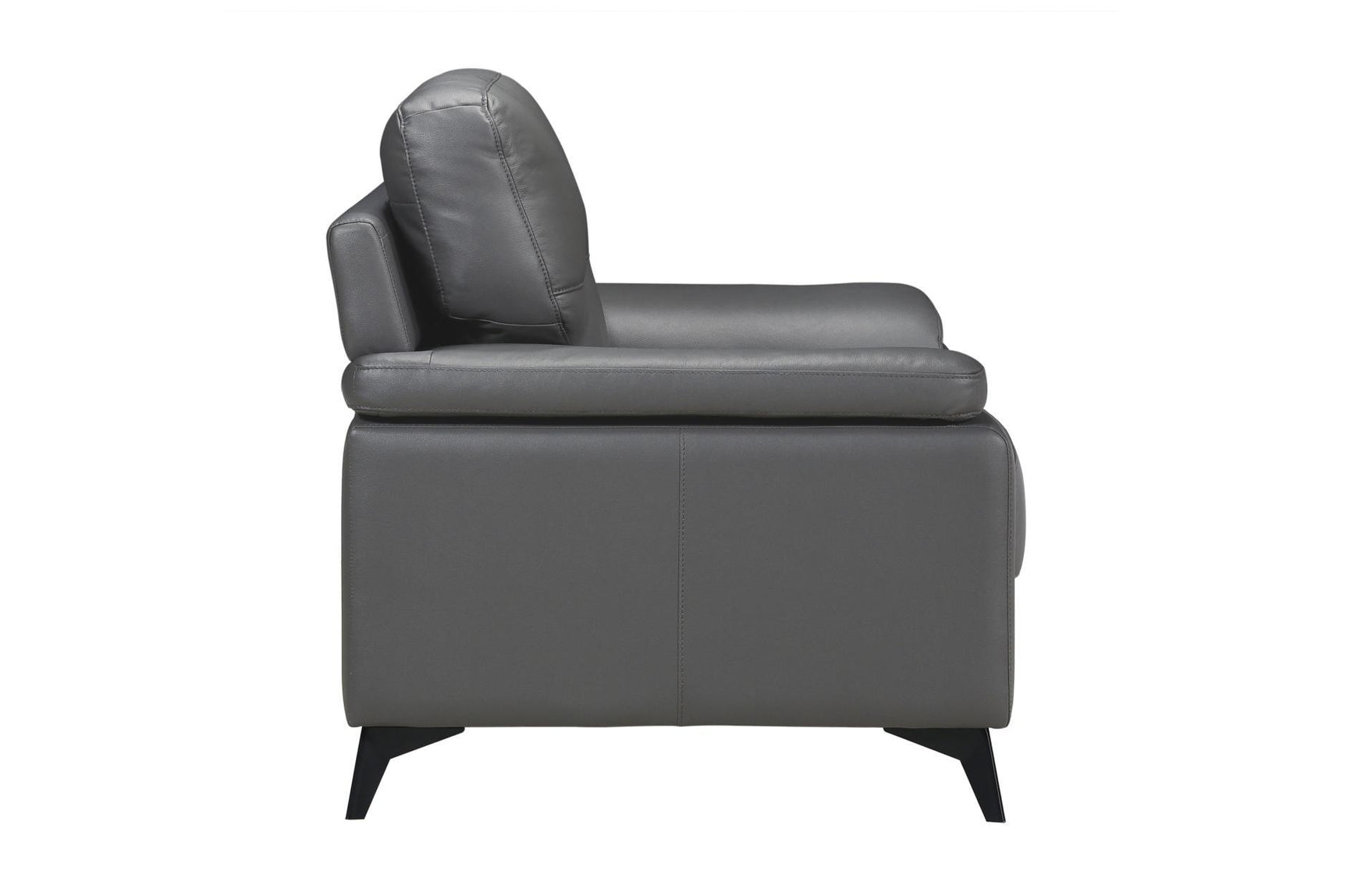 Side profile of loveseat showing leather finish