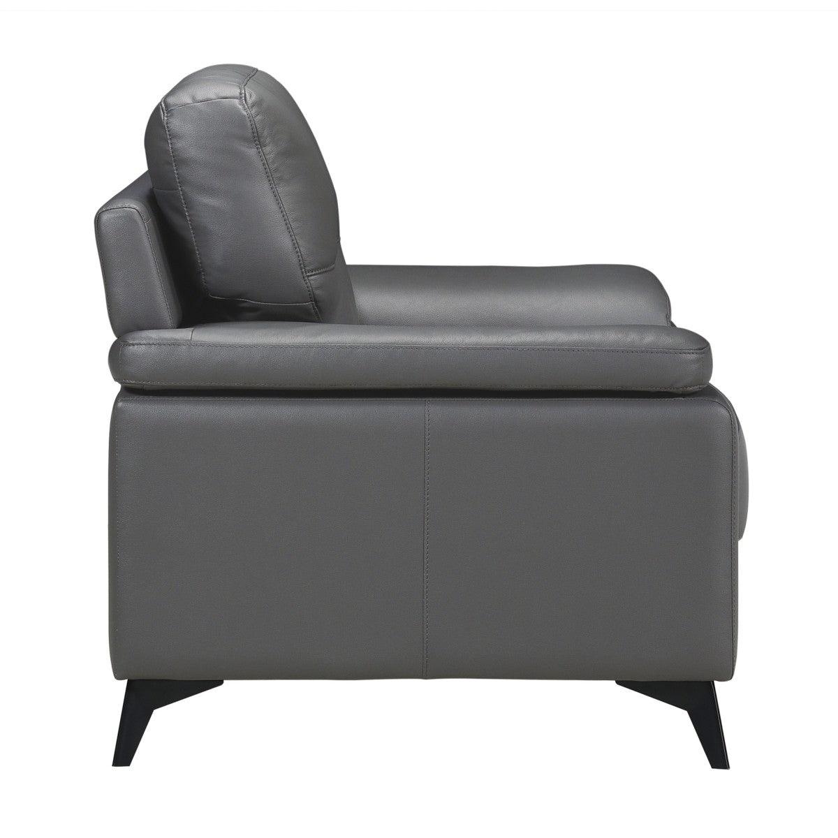 Angled side view of Mischa dark gray accent chair showing armrest