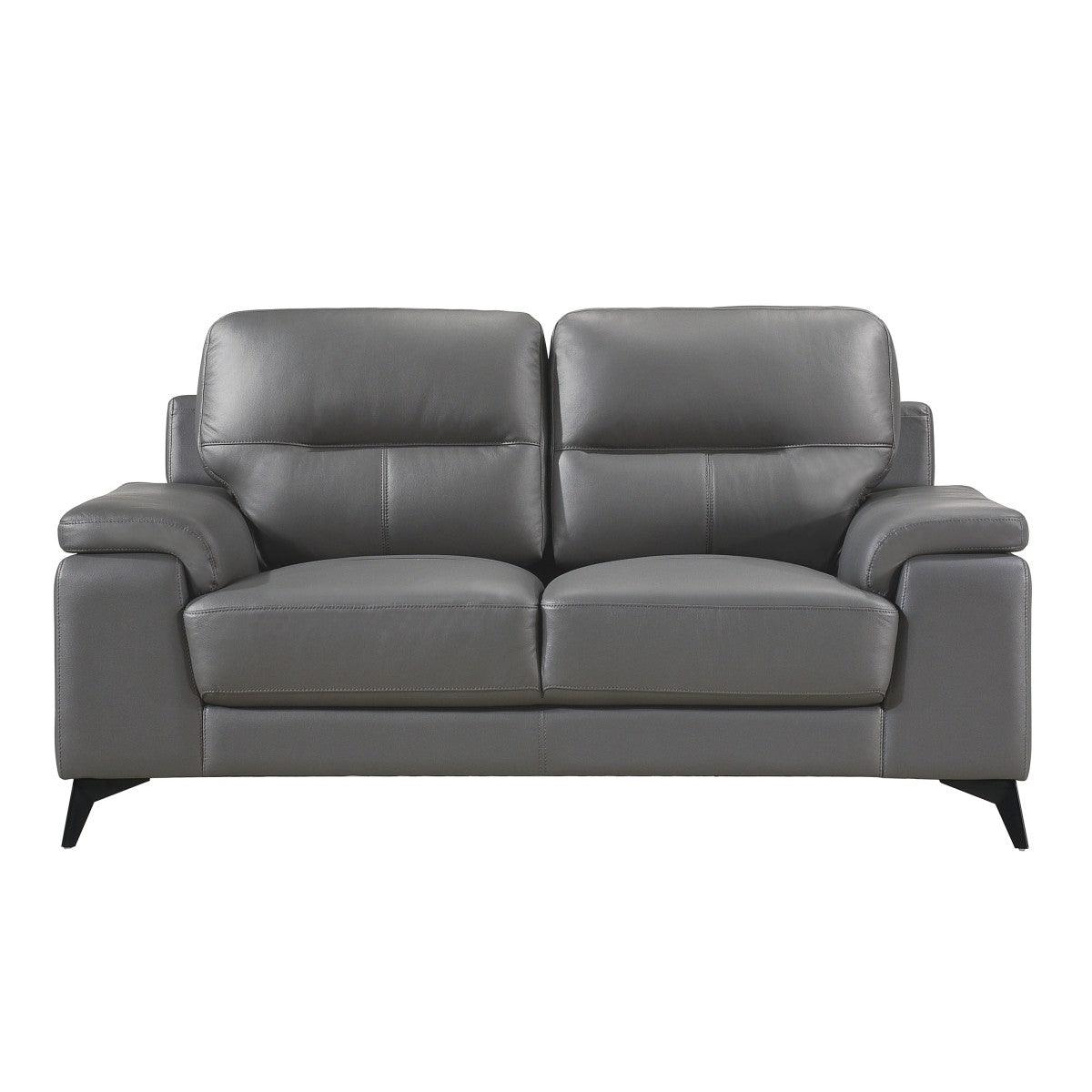 Mischa Love Seat front view in dark gray top grain leather and faux leather
