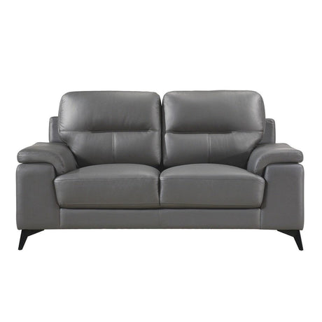 Mischa Love Seat front view in dark gray top grain leather and faux leather