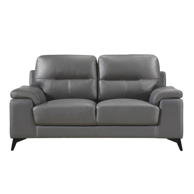 Mischa Love Seat front view in dark gray top grain leather and faux leather