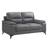Side angle of Mischa Dark Gray leather love seat with black metal legs