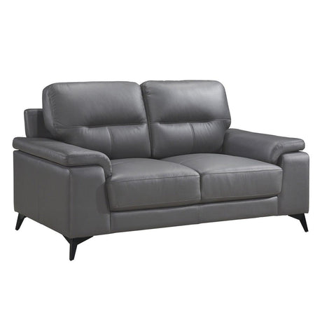 Side angle of Mischa Dark Gray leather love seat with black metal legs