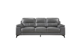 Loveseat side view with dark gray leather upholstery