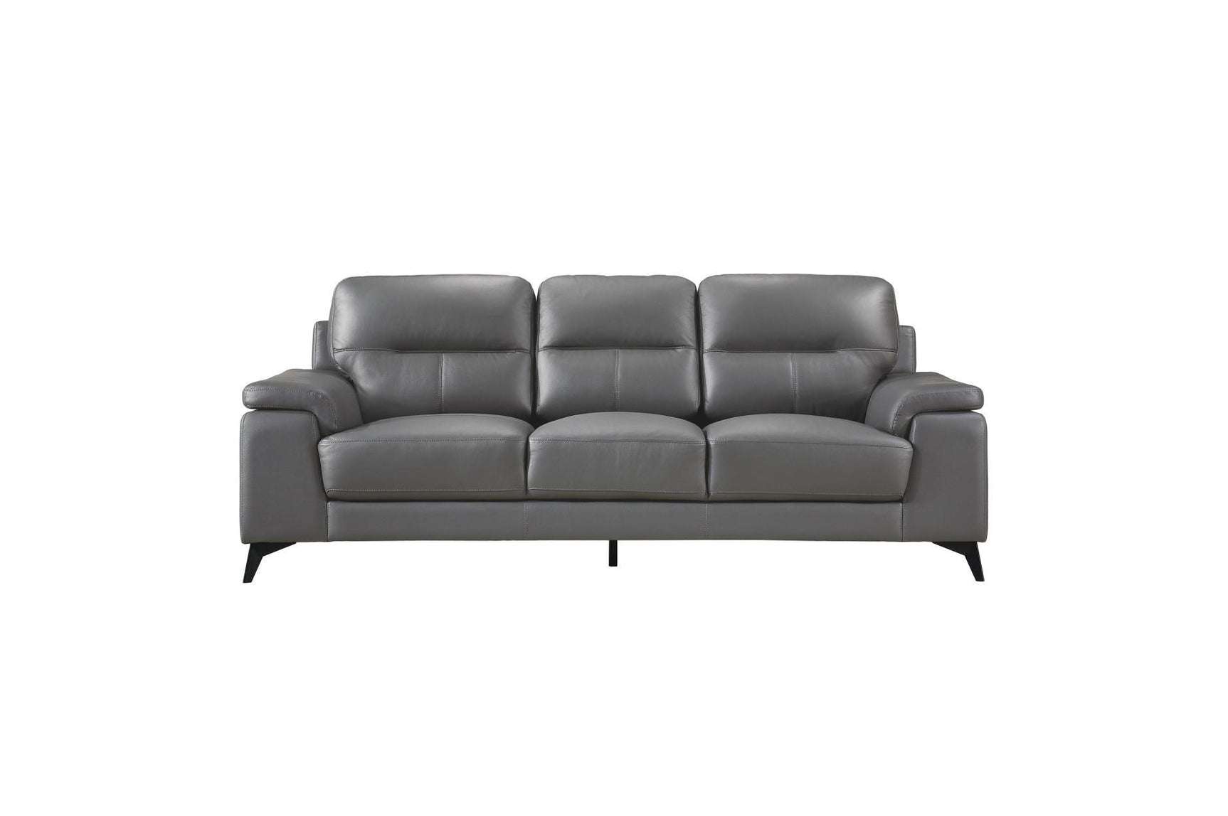 Loveseat side view with dark gray leather upholstery