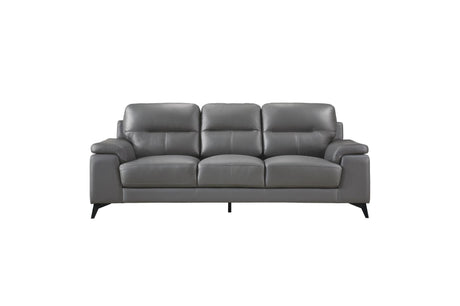 Loveseat side view with dark gray leather upholstery