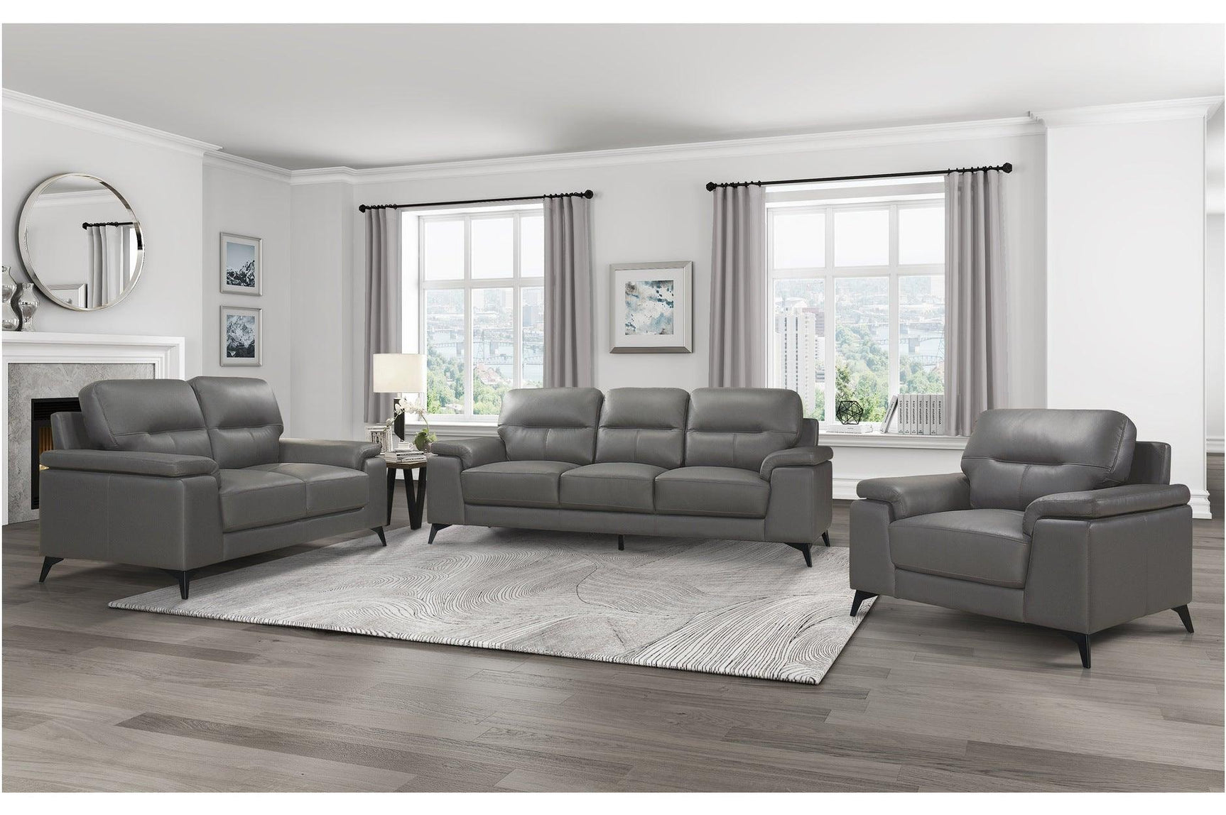 Side view of Mischa Dark Gray Top-Grain Leather Sofa and Loveseat