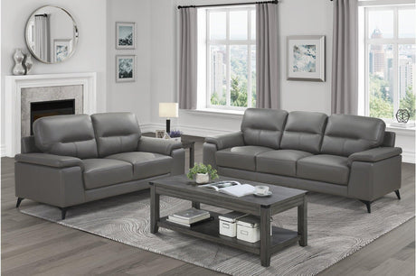 Frontal view of Mischa Dark Gray Top-Grain Leather Sofa and Loveseat set